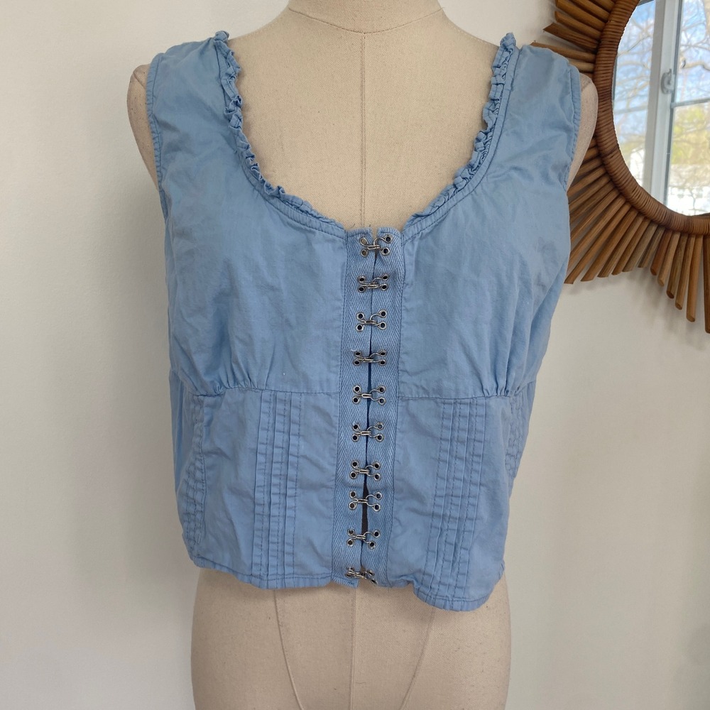 Japna Blue Cotton Corset Babydoll Cropped Tank Top Ruffle Cottagecore L - Picture 2 of 8